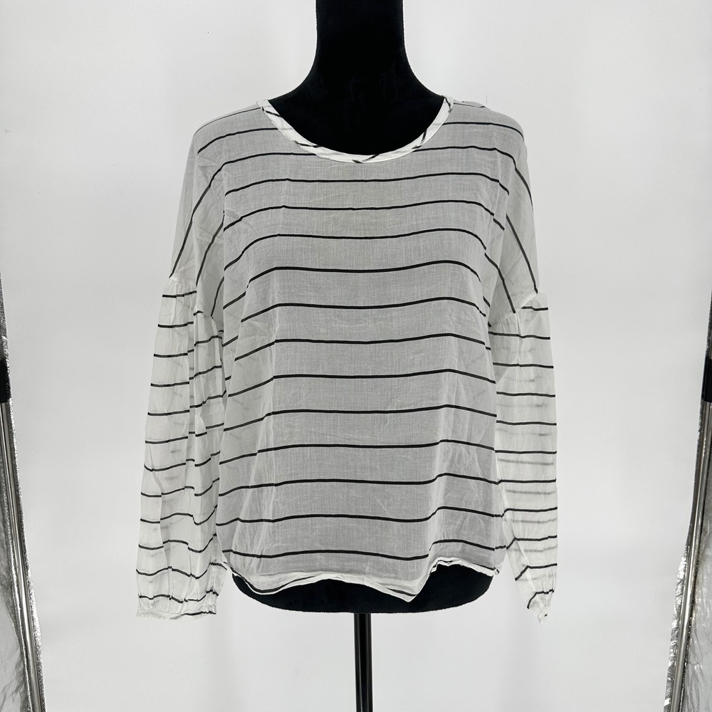 10 Days White Black Striped Balloon Sleeve Blouse Sheer‎ Oversized Portugal XXS